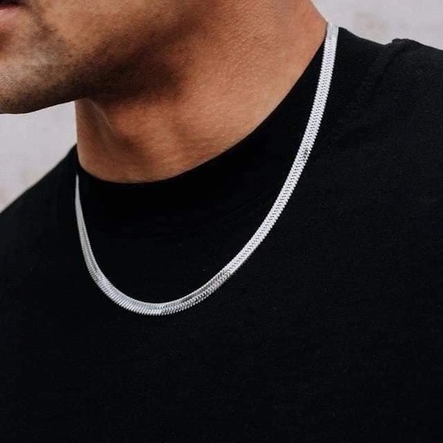 Silver Flat Stainless Steel Snake Chain Necklace For Men